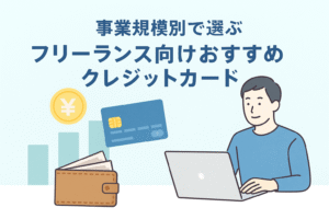 事業規模別にフリーランス向けのおすすめクレジットカードを紹介する記事のイメージとして、ノートパソコンを使う男性、クレジットカード、財布、円マーク、グラフが描かれた親しみやすいイラスト。