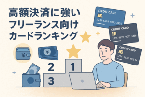 高額決済に強いフリーランス向けカードランキングの記事をイメージしたイラストで、クレジットカード、ランキング台、パソコン作業をする男性、星型アイコン、財布や紙幣のイラストが配置され、ランキングのテーマが直感的に伝わる構成になっている。