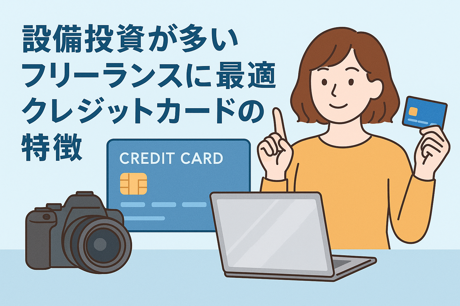 設備投資が多いフリーランス向けクレジットカードの特徴を説明する記事用のイラストで、カメラ・ノートパソコン・大きなクレジットカードの画像の前で女性がカードを持ちながらポイントを示している構図。