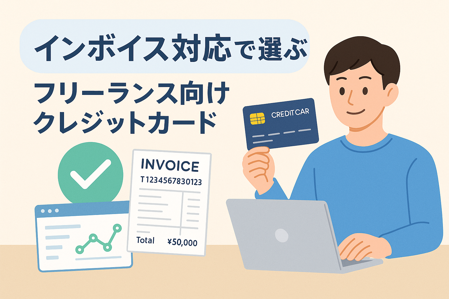 インボイス対応で選ぶフリーランス向けクレジットカードをテーマに、パソコンを使う男性とクレジットカード、請求書、チェックマークアイコンが描かれたイラスト。