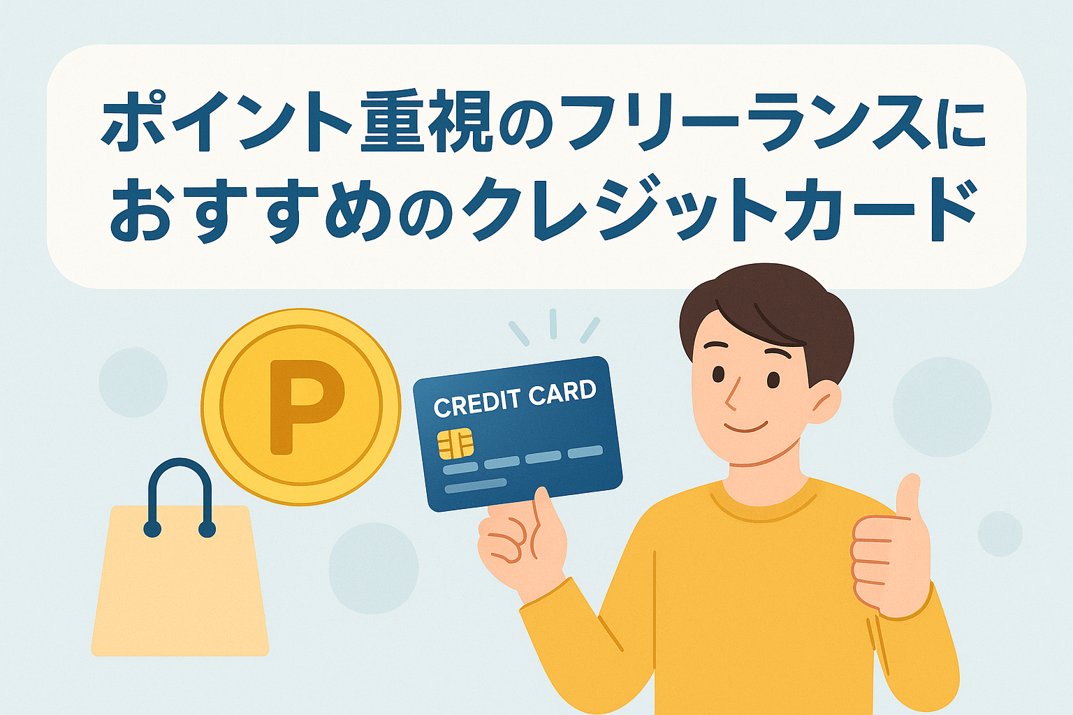 ポイント重視のフリーランス向けクレジットカードを紹介する記事用のイラストで、男性がクレジットカードとポイントを示すコインアイコンを持ちながら微笑み、買い物袋やポイントの象徴が並ぶ構図。