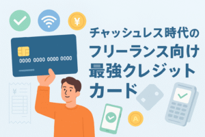 キャッシュレス時代に最適なクレジットカードを手にしたフリーランスの男性が描かれ、カード決済のアイコンやスマホ決済のイラストと共に「キャッシュレス時代のフリーランス向け最強クレジットカード」という日本語タイトルが配置された横長のアイキャッチ画像。