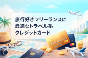 旅行好きのフリーランス向けトラベル系クレジットカードを紹介する記事のアイキャッチで、パスポートやクレジットカード、地図、飛行機、カメラなどの旅行アイテムが並べられた爽やかなデザインのイラスト。