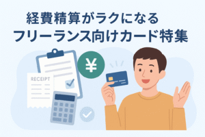 フリーランスが経費精算を効率化するためにクレジットカードを活用している様子を描いたイラスト。レシートや電卓などの経理アイテムとカードを持つ人物が配置され、経費管理がラクになるイメージが直感的に伝わるデザイン。