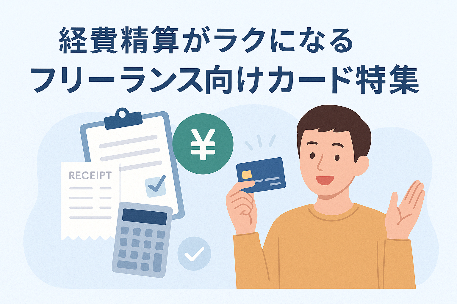 フリーランスが経費精算を効率化するためにクレジットカードを活用している様子を描いたイラスト。レシートや電卓などの経理アイテムとカードを持つ人物が配置され、経費管理がラクになるイメージが直感的に伝わるデザイン。