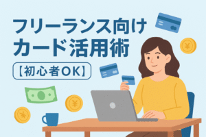 「フリーランス向けカード活用術【初心者OK】」というタイトルと、パソコン作業をしながらクレジットカードを手に持つフリーランス女性のイラストが描かれた、クレジットカード活用をテーマにしたアイキャッチ画像。