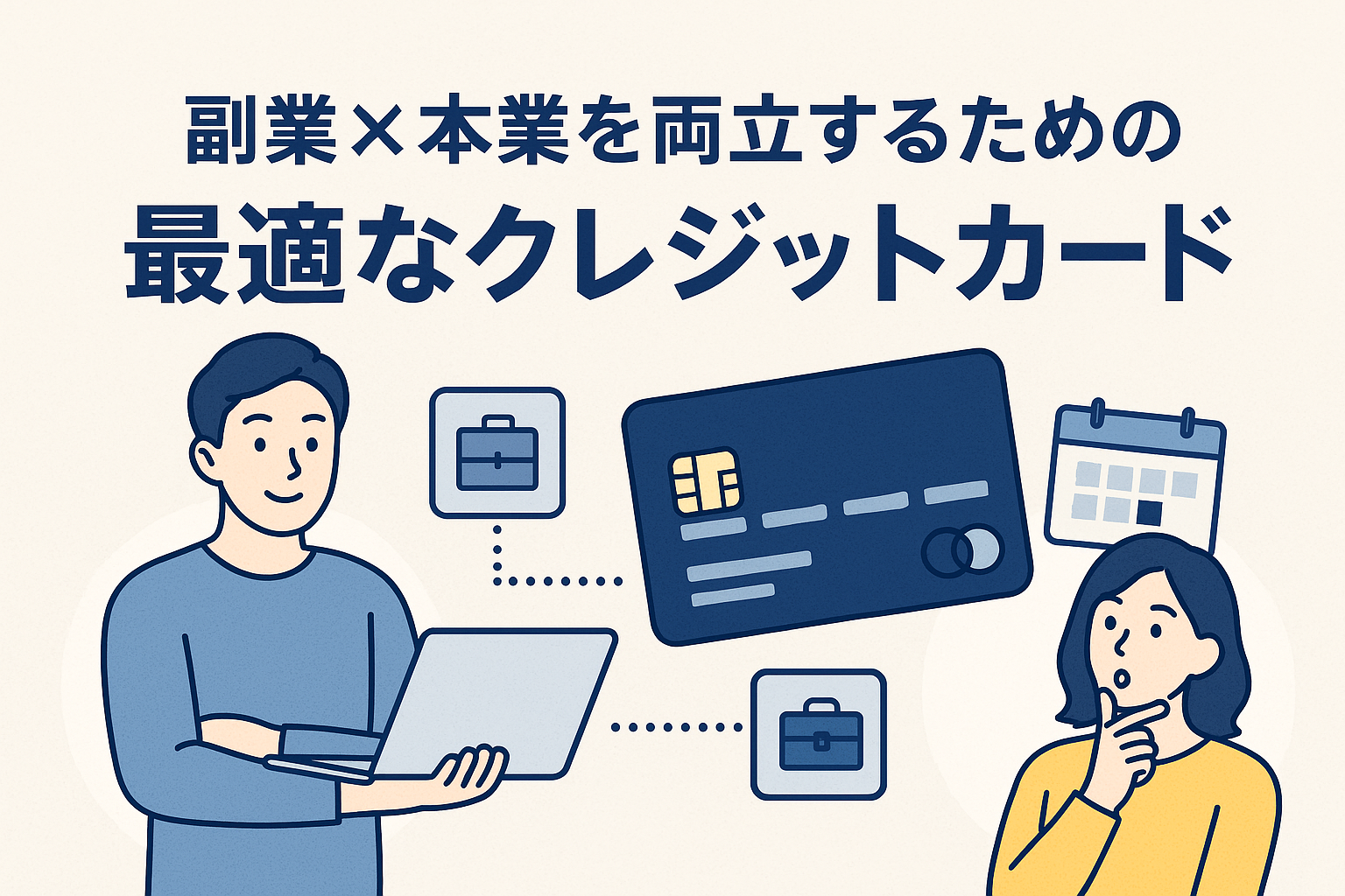 副業と本業を両立するための最適なクレジットカードをテーマに、男性がノートPCを持ち、女性がカレンダーを見ながら考えている様子と、クレジットカードのイラストが配置されたアイキャッチ画像。