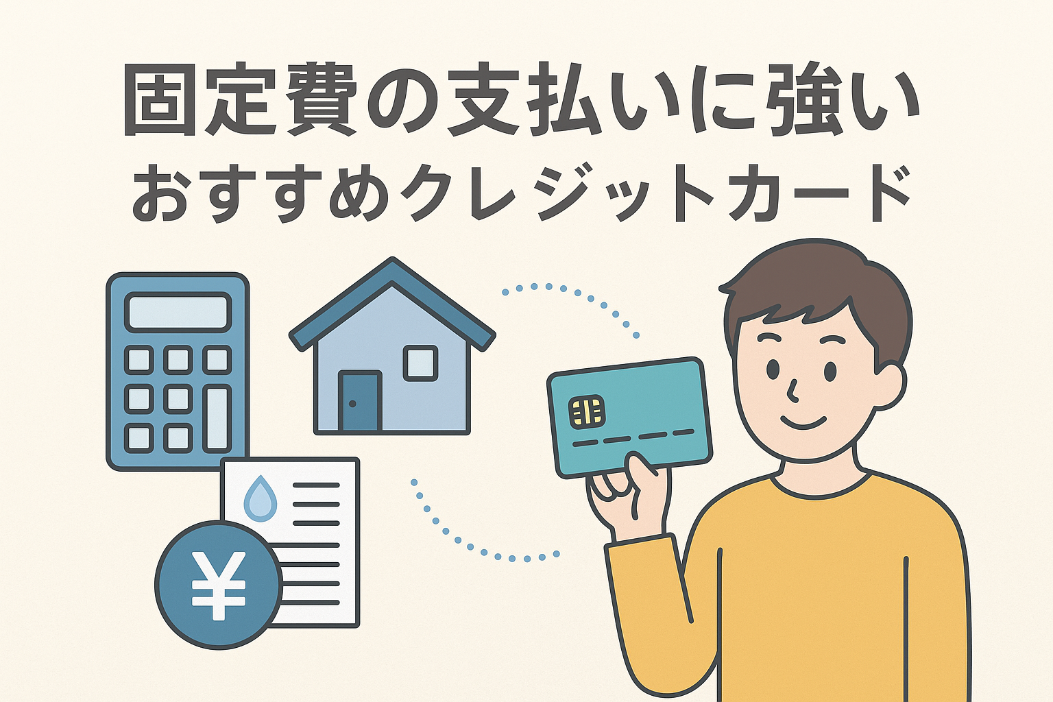 固定費の支払いに強いクレジットカードをテーマに、電卓・家のアイコン・請求書・円マークと、クレジットカードを持つ男性のイラストを組み合わせたアイキャッチ画像。