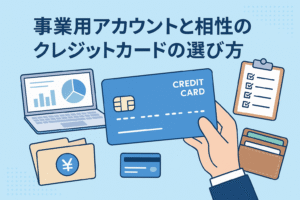 事業用アカウントと相性の良いクレジットカードの選び方をイメージしたイラストで、青いクレジットカード、ノートパソコン、チェックリスト、財布などが配置されている画像。