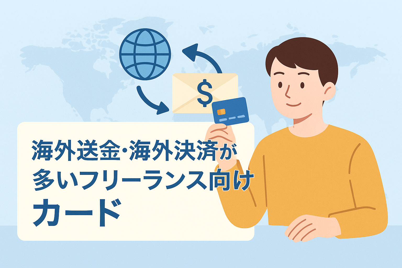 海外送金や海外決済が多いフリーランス向けカードの記事用アイキャッチ画像。世界地図を背景に、クレジットカードを手にしたフリーランスの男性イラストと、地球アイコン・ドルマーク付き封筒などの海外取引を象徴するアイコンが淡い色で描かれている。