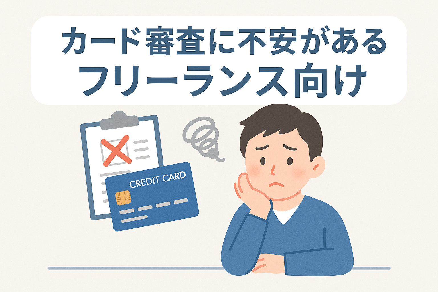 クレジットカード審査に不安を感じるフリーランスをテーマにしたアイキャッチ画像。心配そうな表情のフリーランス男性、審査落ちを示す赤いバツ印の書類、クレジットカードのイラストが淡い配色で描かれ、清潔感あるデザインになっている。