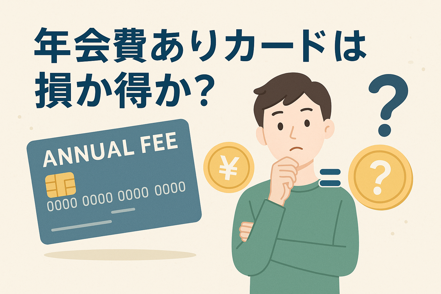 年会費ありクレジットカードが損か得かを解説する記事用アイキャッチ画像。青色のクレジットカードのイラストと、悩みながら比較する男性、円マークのコイン、疑問符が描かれ、やさしい色合いでテーマが直感的に伝わるデザイン。