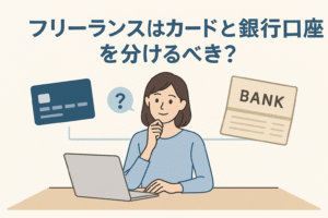 フリーランスがカードと銀行口座を分けるべきか悩んでいる様子を描いたアイキャッチ画像。パソコンの前で考える女性のイラストと、クレジットカード・銀行口座のアイコンが淡い色合いで配置され、テーマが直感的に伝わるデザイン。
