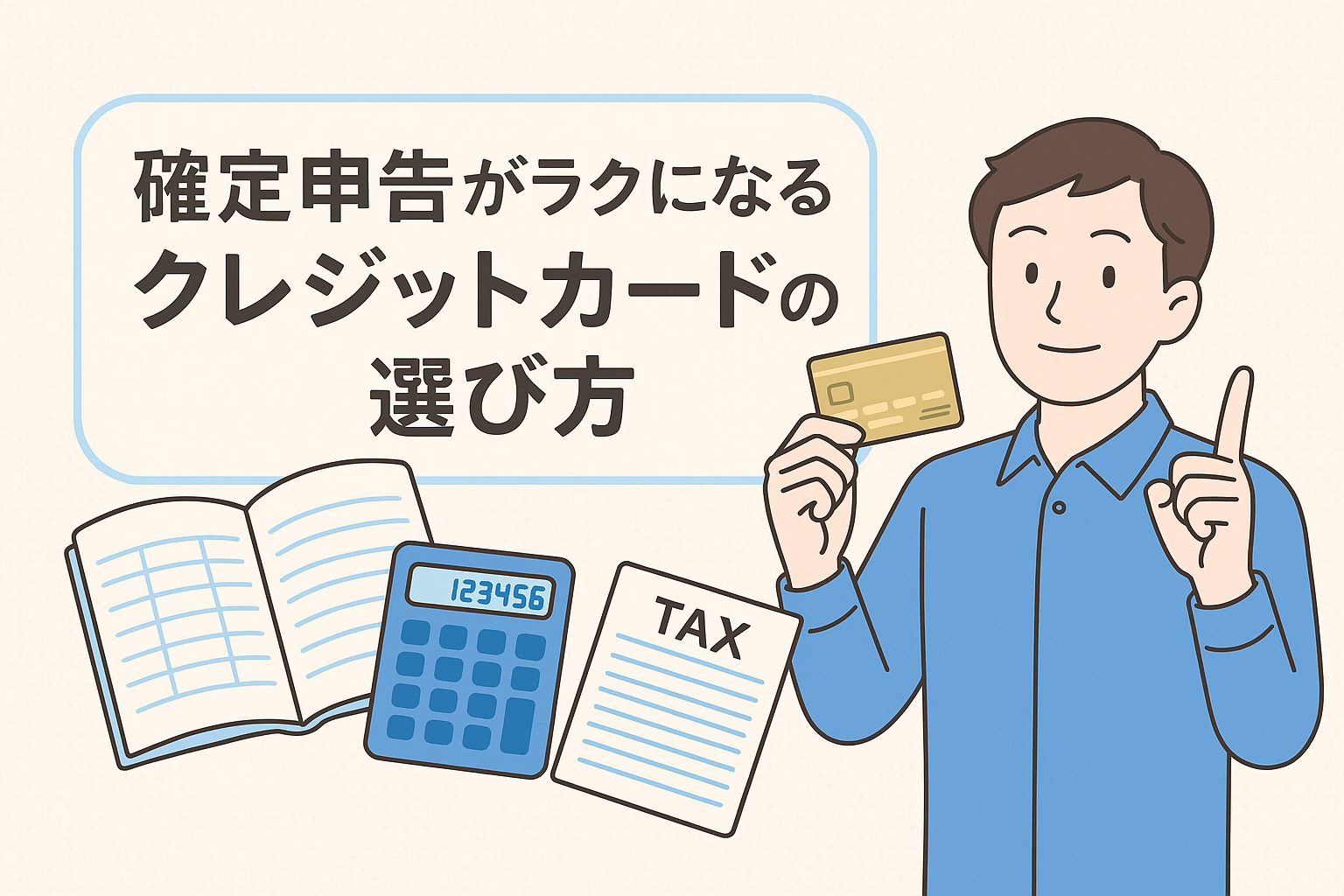 確定申告をラクにするクレジットカードの選び方をテーマに、男性がカードを持ちながら説明するイラストと、帳簿・電卓・税金書類が並ぶ構図のアイキャッチ画像。