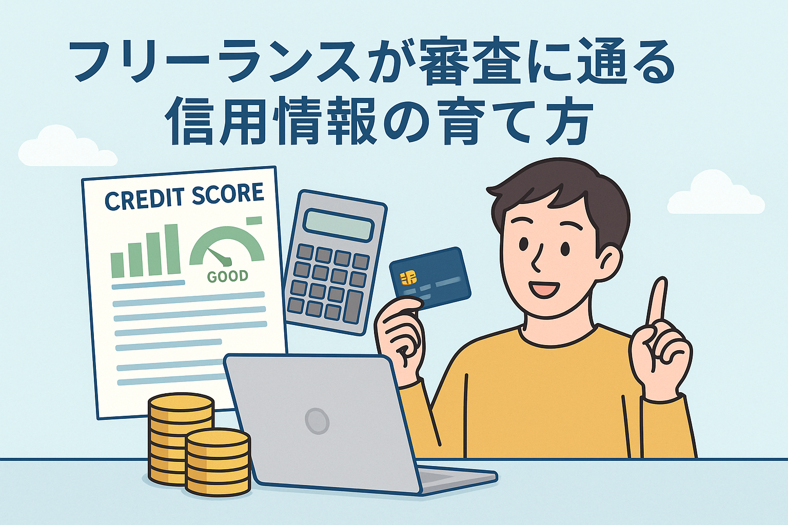 フリーランスの男性がクレジットカードや信用スコアの資料を見ながら信用情報を管理している様子を描いたイラスト。信用情報の育て方を解説する記事の内容を視覚的に表した画像。