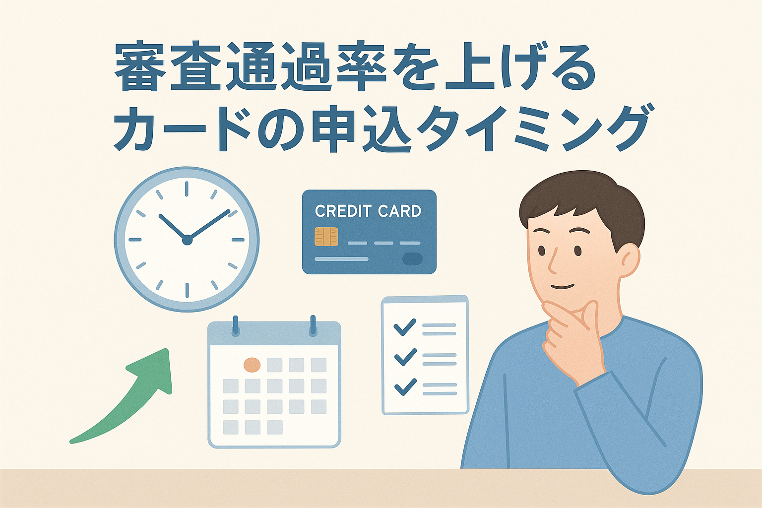 クレジットカードの申込タイミングを見極める男性が、時計・カレンダー・チェックリストのアイコンを見ながら考えている様子を描いたイラスト。審査通過率を上げるための適切な申し込み時期を視覚的に表した画像。