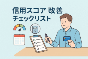 信用スコアを改善するためのチェックリストを確認する男性が、クリップボード・カレンダー・スコアメーター・カードを見ながら管理している様子を描いたイラスト。信用情報の改善ポイントを視覚的に表した画像。