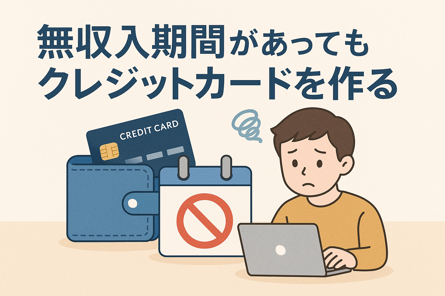 無収入期間に悩む男性がパソコンを見つめながら、クレジットカードとカレンダーのマークを前に不安そうにしている様子を描いたイラスト。無収入でもクレジットカード作成が可能なことを示す構図。