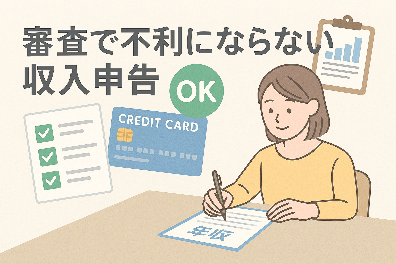 クレジットカード審査で不利にならないように、女性が年収申告フォームに記入している様子を描いたイラスト。チェックリストやクレジットカードのアイコンと「OK」マークがあり、正しい収入申告のイメージを視覚的に伝えるデザイン。
