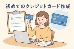 ノートパソコンの前でクレジットカードを手に持ち、申し込み準備を進める女性のイラスト。初めてクレジットカードを作るイメージを、チェックリストやカードのアイコンとともにわかりやすく表現している。
