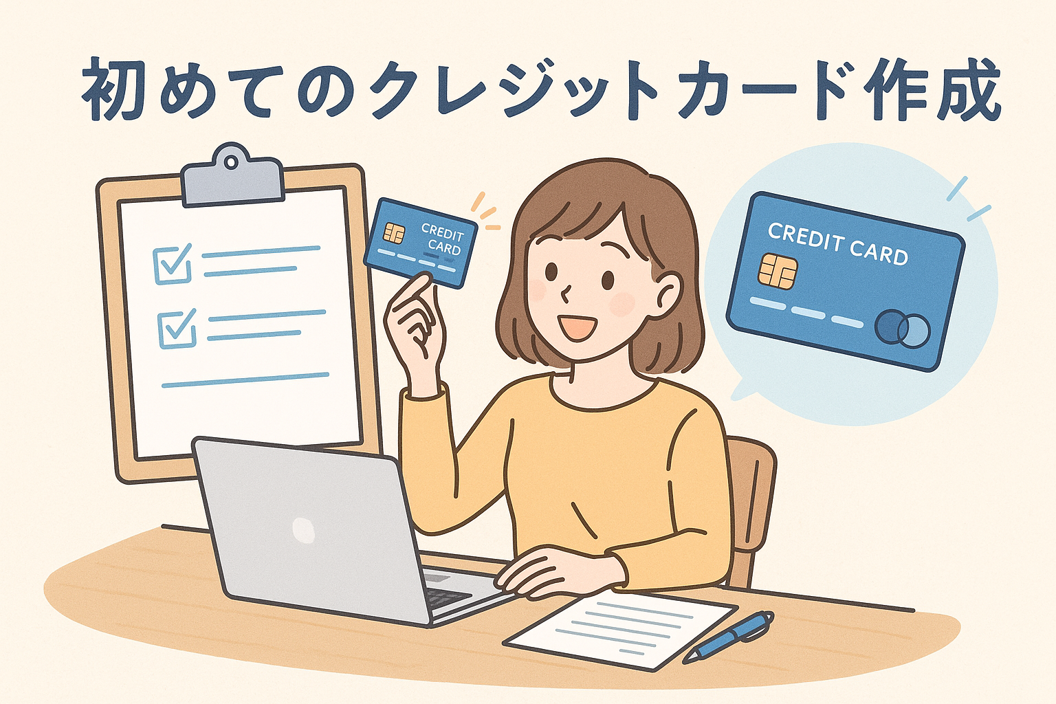 ノートパソコンの前でクレジットカードを手に持ち、申し込み準備を進める女性のイラスト。初めてクレジットカードを作るイメージを、チェックリストやカードのアイコンとともにわかりやすく表現している。