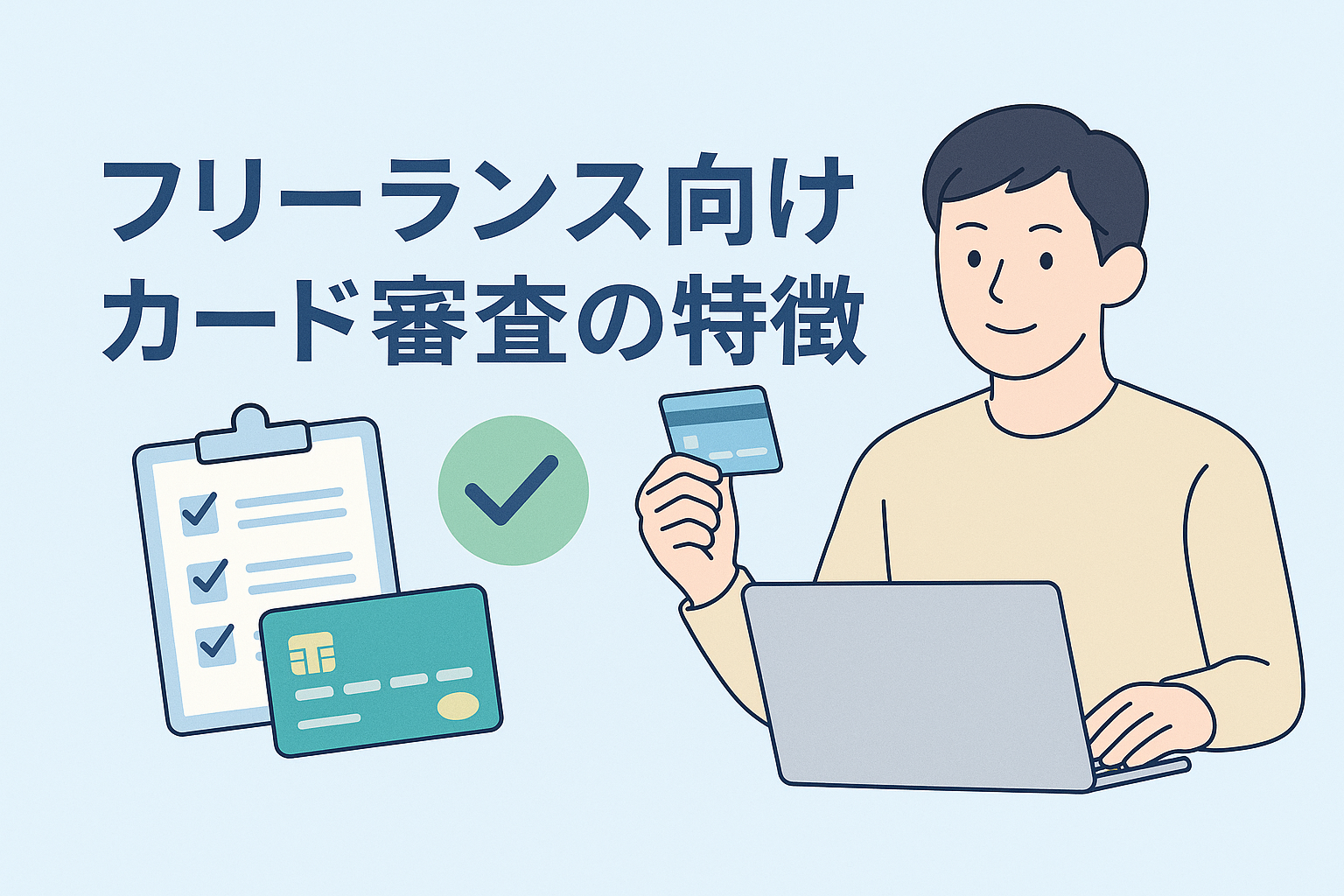 フリーランスの男性がノートパソコンを操作しながらクレジットカードを手に持ち、横にはチェックリストとカードのイラストが並ぶ、カード審査の特徴を説明するためのアイキャッチ画像。