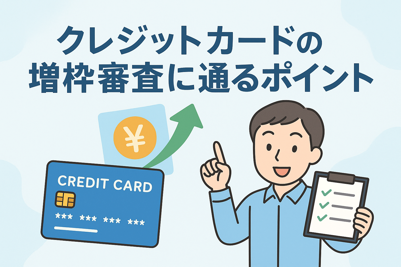 クレジットカードの増枠審査に通るポイントをイメージしたイラストで、男性がチェックリストを持ちながら説明し、カードと上向きの矢印が描かれている画像。