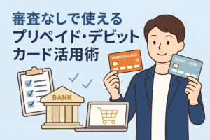 審査なしで使えるプリペイドカードとデビットカードを紹介するイラストで、男性が2種類のカードを持ち、横にチェックリストや銀行のイラストが配置された画像。