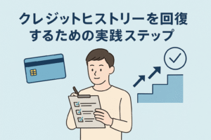 クレジットヒストリーを回復するためのステップをイメージしたイラストで、男性がチェックリストを確認し、横にクレジットカードと上向き矢印付きの階段アイコンが描かれている画像。