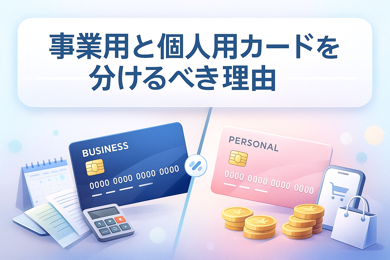事業用カードと個人用カードを分ける重要性を表現したイラストで、青色のビジネスカードと緑色のパーソナルカードがそれぞれ別の財布に差し込まれ、対比がわかりやすく描かれている画像。