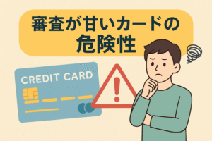 審査が甘いクレジットカードの危険性をイメージしたイラストで、クレジットカードと警告マークを前に不安そうな男性が悩んでいる様子を描いた画像。