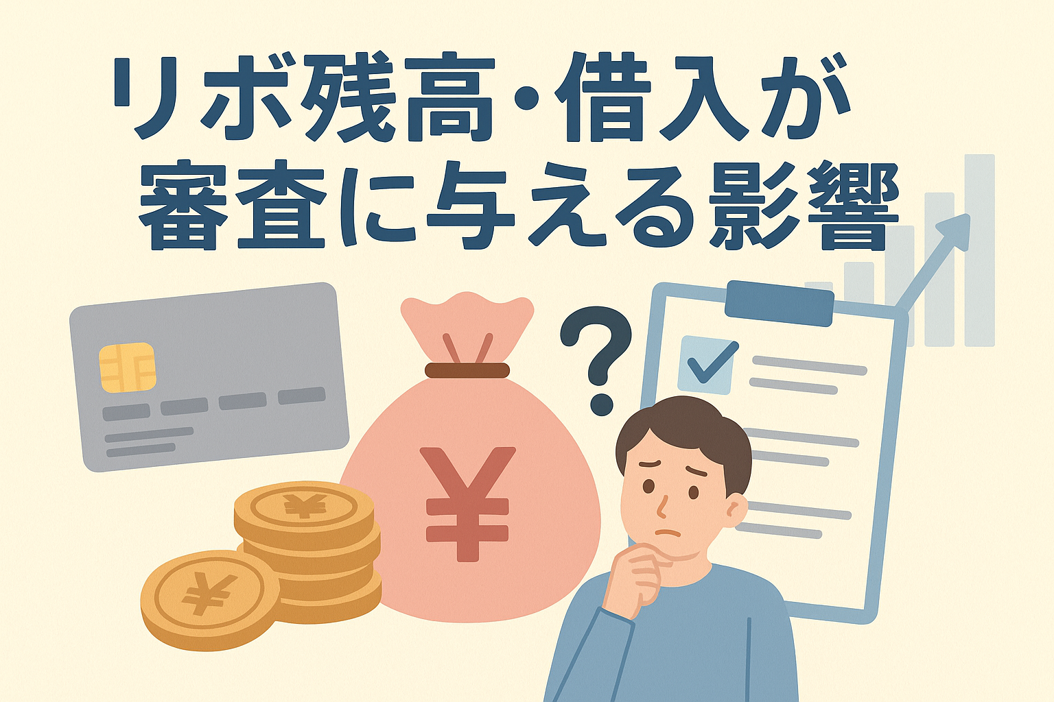 リボ残高や借入がクレジットカード審査に与える影響をイメージしたイラストで、クレジットカード・お金の袋・コイン・チェックリスト・上昇グラフを背景に、悩む表情の男性が配置されている画像。