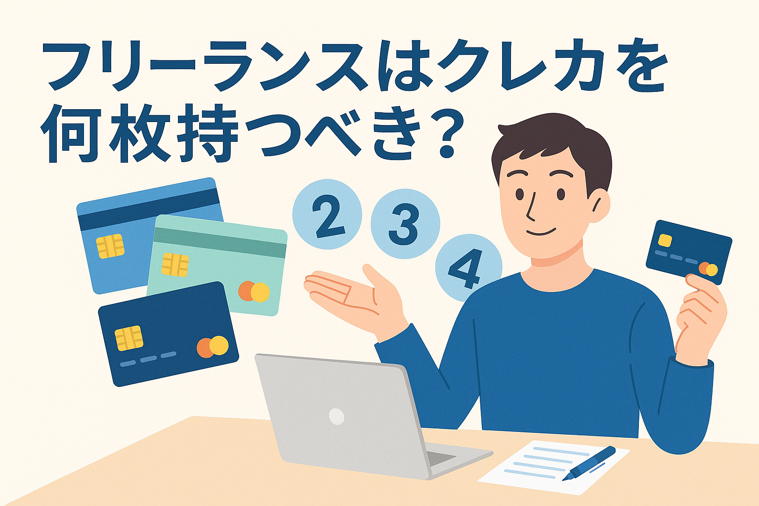フリーランスがクレジットカードを何枚持つべきかを解説するイラストで、男性が複数のクレジットカードと「2・3・4」などの数字を示しながら説明している様子が描かれている画像。