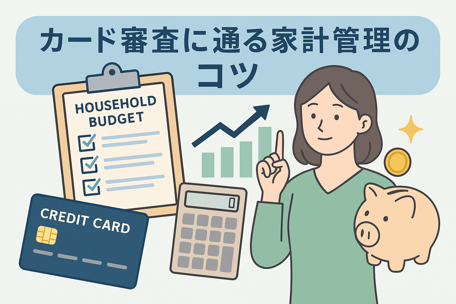 カード審査に通るための家計管理のポイントをイラストで表現し、チェックリスト、クレジットカード、電卓、貯金箱などを組み合わせてわかりやすく示したアイキャッチ画像。