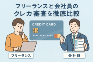 フリーランスと会社員のクレジットカード審査の違いを比較するため、ノートパソコンを前に悩むフリーランスと、チェックリストを持つ会社員を対比的に描いたアイキャッチ画像。