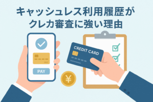 キャッシュレス決済の利用履歴がクレジットカード審査に有利になる理由を示すため、スマートフォンの決済画面、クレジットカード、チェックリストなどを組み合わせて視覚的に表現したアイキャッチ画像。