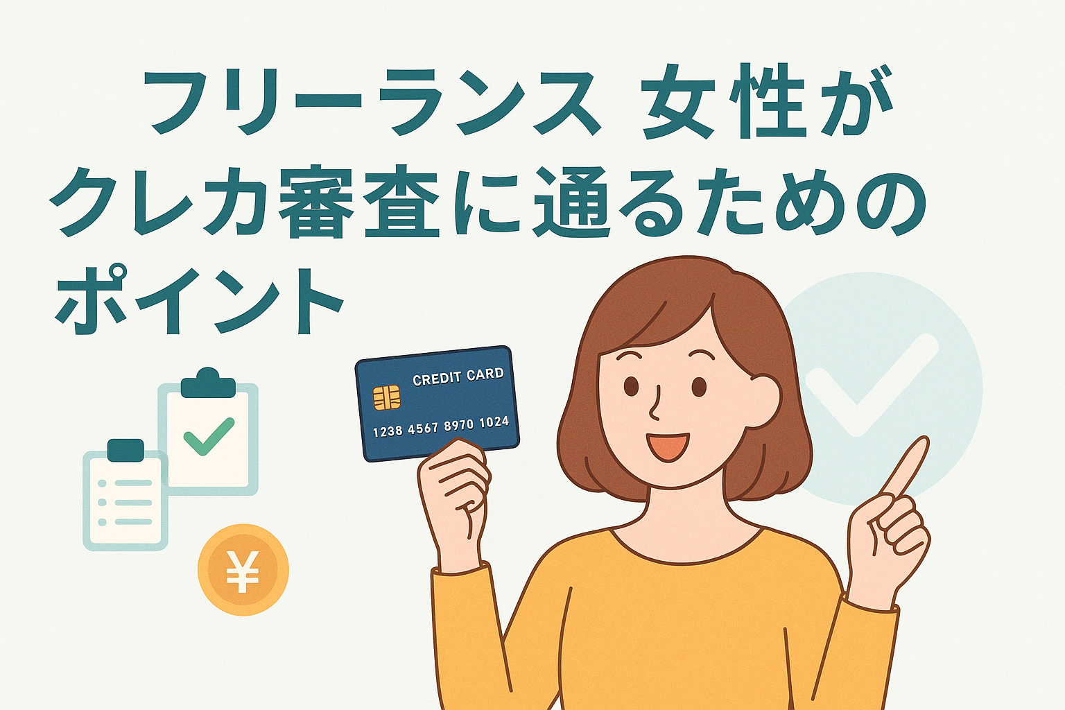 フリーランス女性がクレジットカード審査に通るためのポイントを説明するため、クレジットカードを持って笑顔で指をさす女性と、チェックリストや円マークのアイコンを組み合わせた親しみやすいイラストのアイキャッチ画像。