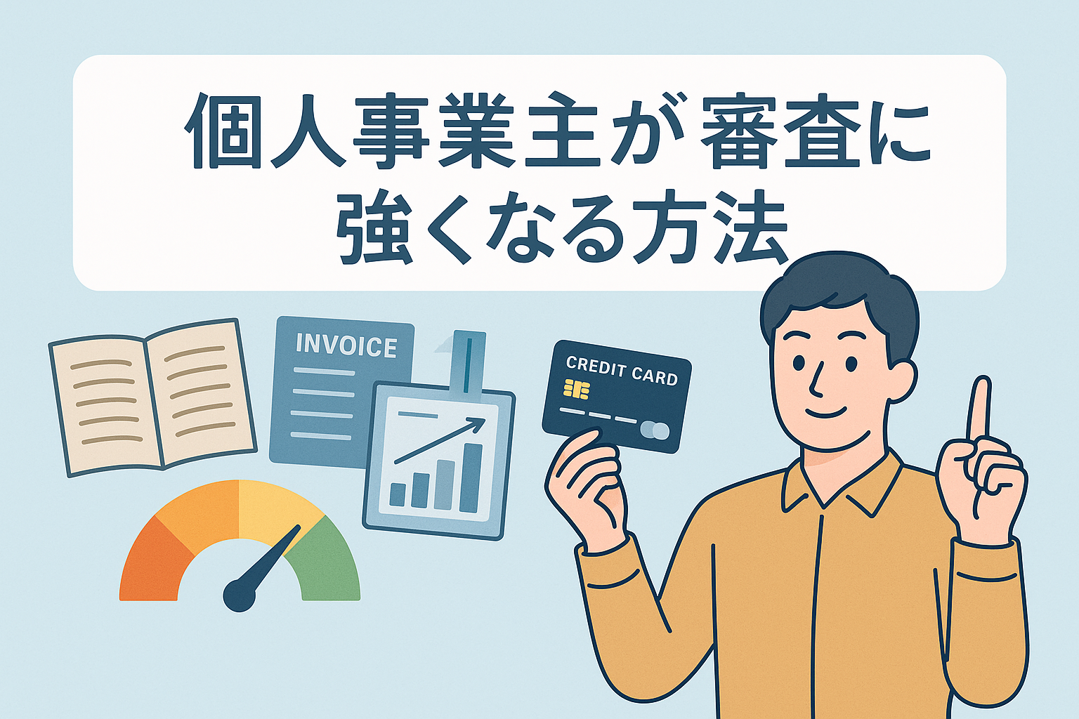 クレジットカードを手にした個人事業主の男性と、インボイス・帳簿・信用スコアなどのアイコンを並べ、個人事業主が審査に強くなる方法を視覚的に示した日本語タイトル入りのアイキャッチ画像。
