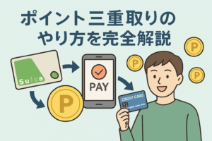 クレジットカードとスマホ決済、交通系ICカードからポイントが矢印でつながり、笑顔の男性の周りにポイントコインが浮かんでいる「ポイント三重取りのやり方を完全解説」というタイトル入りアイキャッチ画像