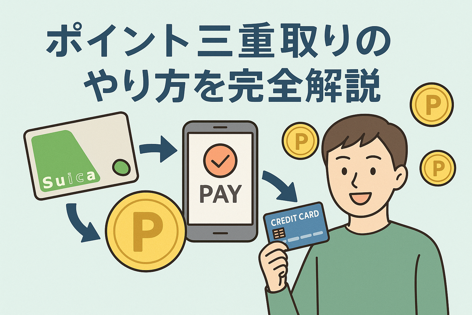クレジットカードとスマホ決済、交通系ICカードからポイントが矢印でつながり、笑顔の男性の周りにポイントコインが浮かんでいる「ポイント三重取りのやり方を完全解説」というタイトル入りアイキャッチ画像