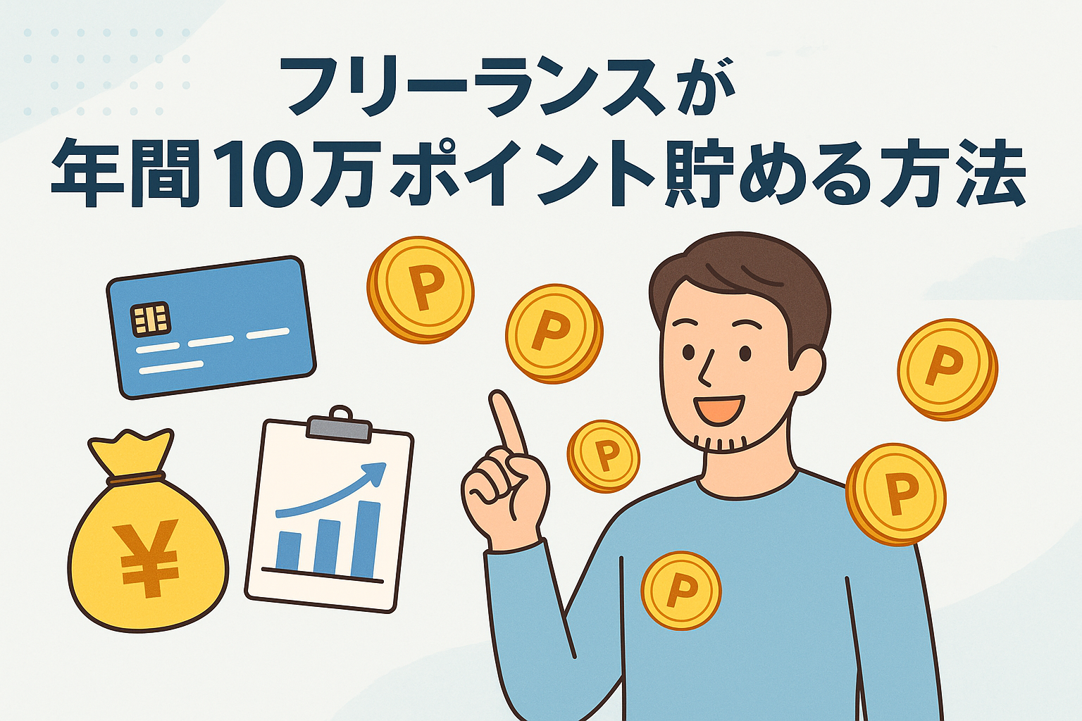 フリーランスの男性がポイントコインに囲まれ、クレジットカードや積立グラフ、金袋のイラストとともに「フリーランスが年間10万ポイント貯める方法」のタイトルが描かれたアイキャッチ画像