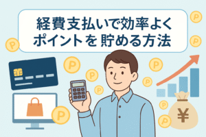 男性が電卓を持ち、クレジットカードやオンラインショッピング画面、上昇するグラフやポイントコインに囲まれながら「経費支払いで効率よくポイントを貯める方法」というタイトルが表示されたアイキャッチ画像