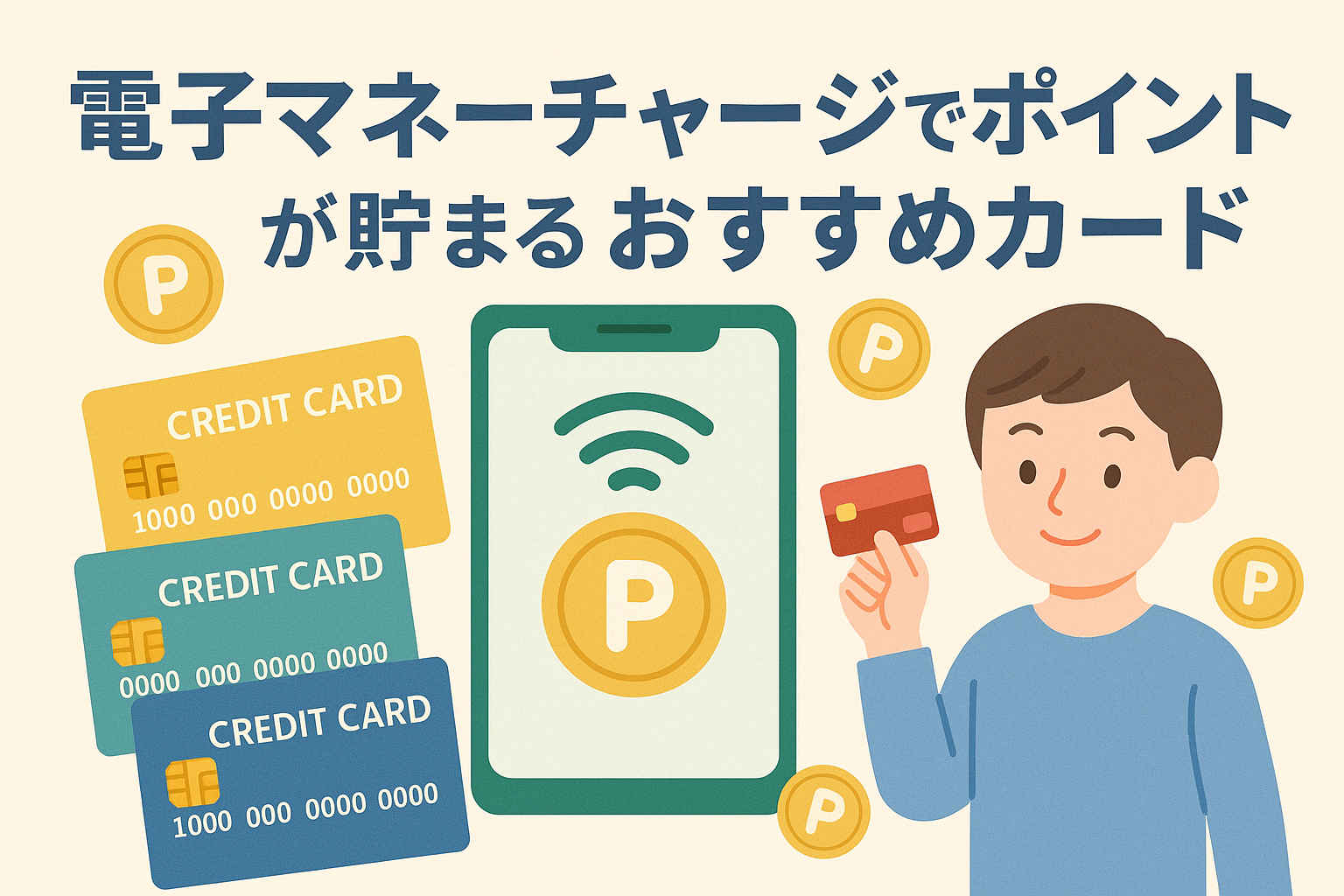 スマートフォンに電子マネーのチャージ画面が表示され、複数のクレジットカードとポイントコイン、カードを手にした男性のイラストが並ぶ「電子マネーチャージでポイントが貯まるおすすめカード」というタイトル入りアイキャッチ画像