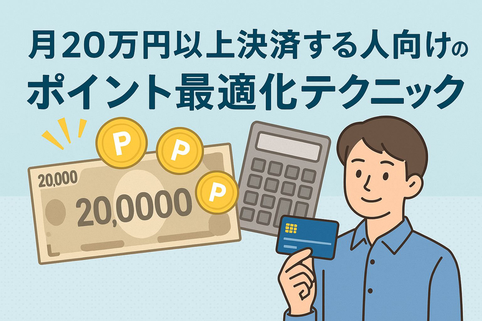 月20万円以上を決済する利用者向けに、クレジットカード、電卓、紙幣、ポイントコイン、カードを持つ男性のイラストが配置された「月20万円以上決済する人向けのポイント最適化テクニック」というタイトル入りアイキャッチ画像