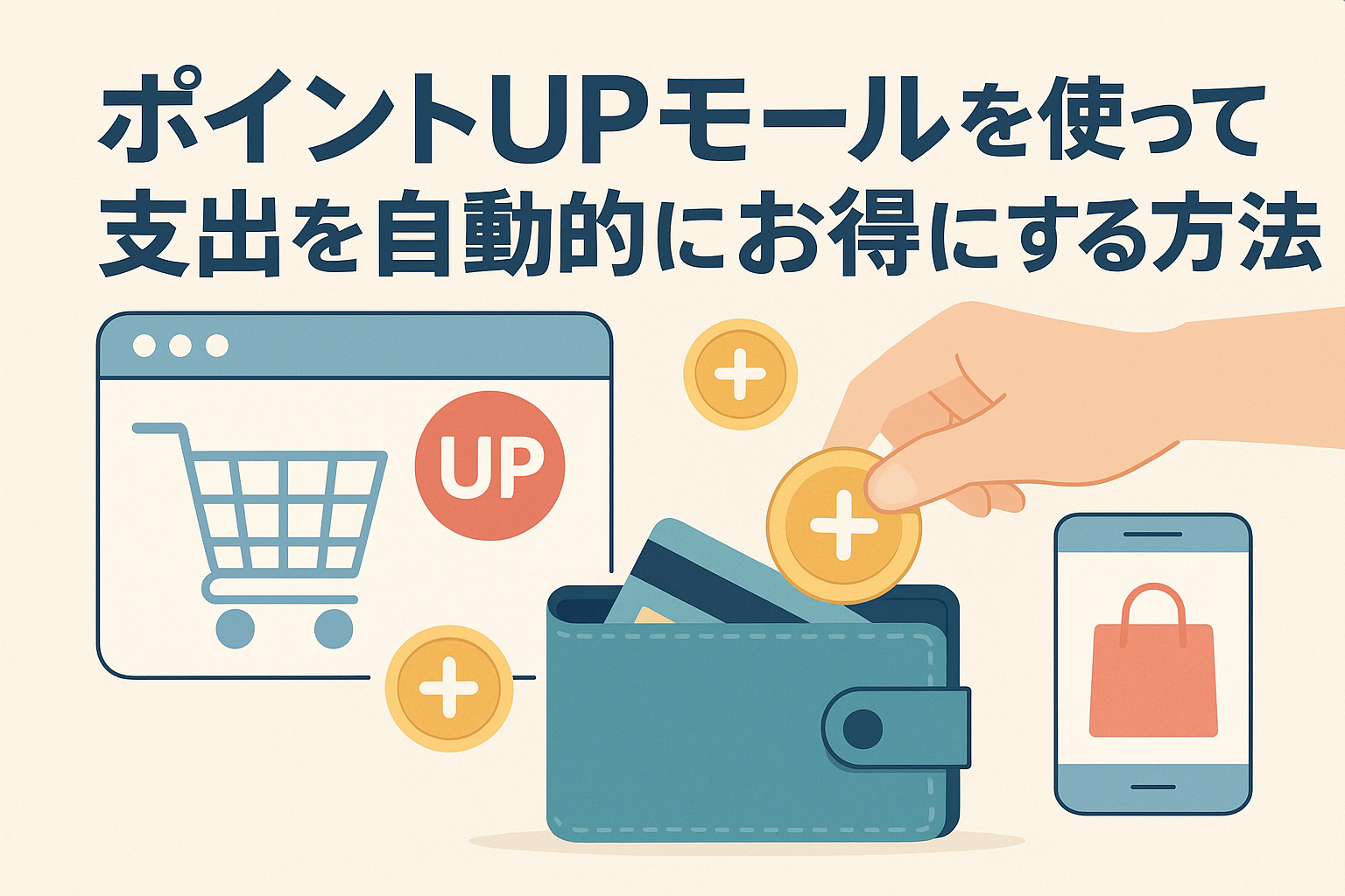 ショッピングカート画面、スマートフォン、財布に入るコインのイラストを背景に「ポイントUPモールを使って支出を自動的にお得にする方法」というタイトルが表示されたアイキャッチ画像