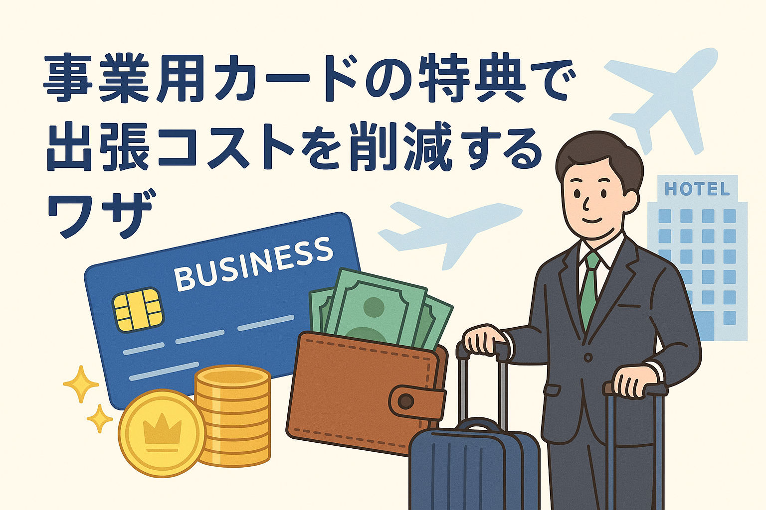 ビジネススーツの男性がスーツケースを持ち、ビジネスカード・現金・コイン・ホテルのイラストとともに「事業用カードの特典で出張コストを削減するワザ」というタイトルが描かれたアイキャッチ画像