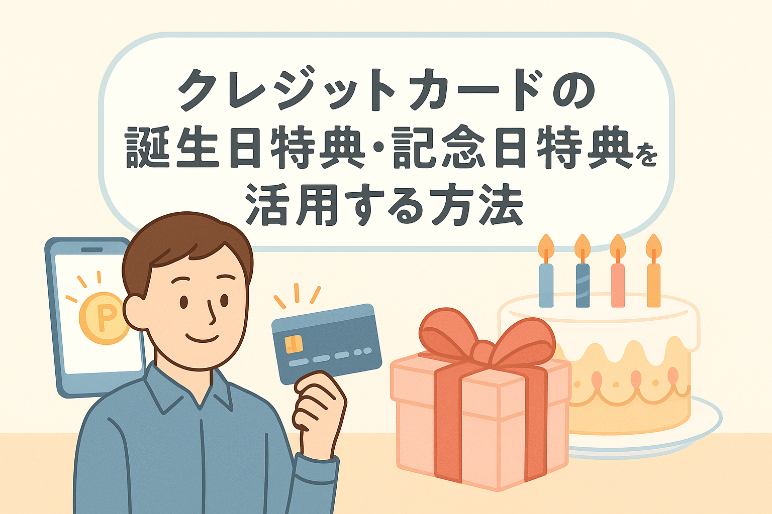 誕生日ケーキやプレゼントと一緒にクレジットカードを持つ男性が描かれ、誕生日特典・記念日特典の活用を説明する日本語タイトルが表示されたアイキャッチ画像。