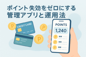 スマートフォンに表示されたポイント管理アプリと複数のクレジットカード、ポイントを示すコインが描かれ、「ポイント失効をゼロにする管理アプリと運用法」というタイトルが入ったアイキャッチ画像。