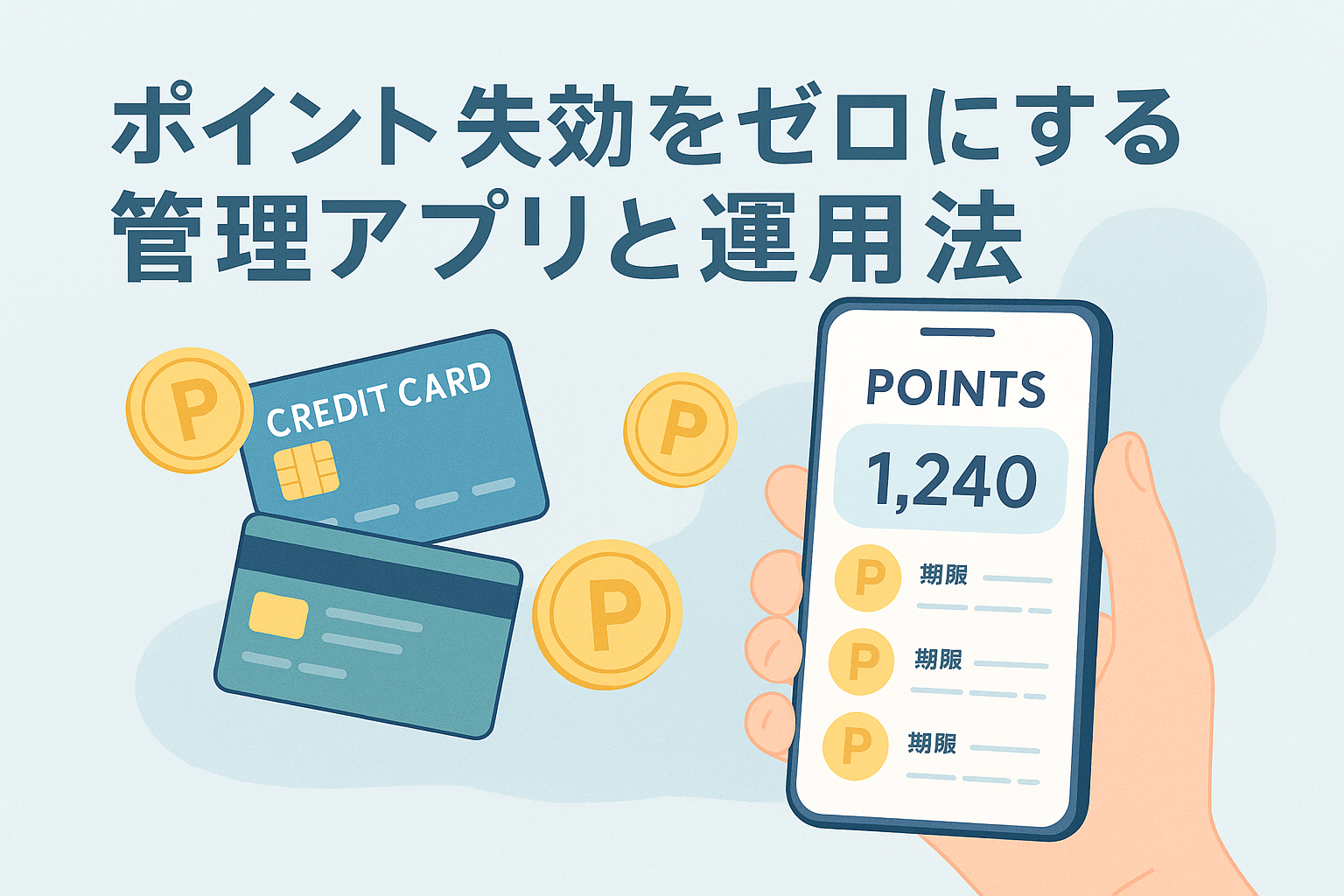 スマートフォンに表示されたポイント管理アプリと複数のクレジットカード、ポイントを示すコインが描かれ、「ポイント失効をゼロにする管理アプリと運用法」というタイトルが入ったアイキャッチ画像。