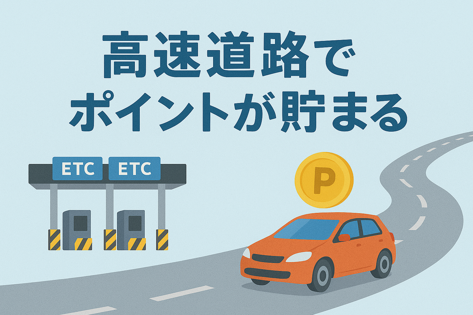 高速道路のETCゲートと走行中の車のイラストに「高速道路でポイントが貯まる」という見出しが書かれたアイキャッチ画像。